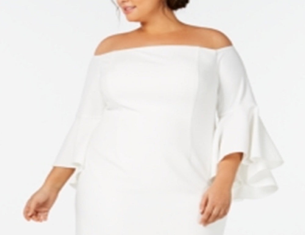 Calvin Klein Women's Zippered 3/4 Sleeve Off Shoulder Below the Knee Cocktail Sheath Dress White Size 20W