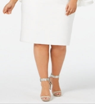 Calvin Klein Women's Zippered 3/4 Sleeve Off Shoulder Below the Knee Cocktail Sheath Dress White Size 20W