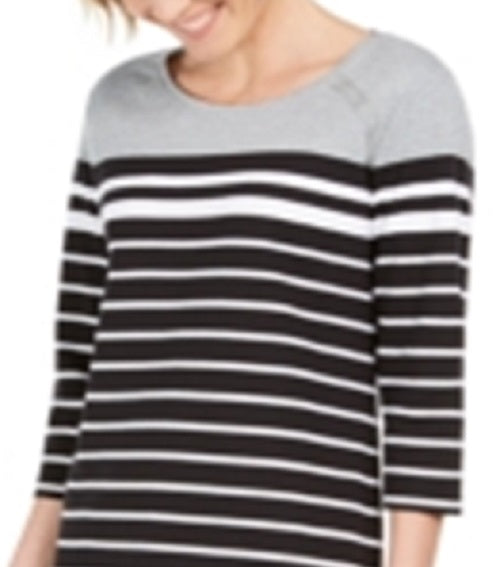 Karen Scott Women's Sport Striped Grommet Shoulder Shift Dress Gray Size Medium