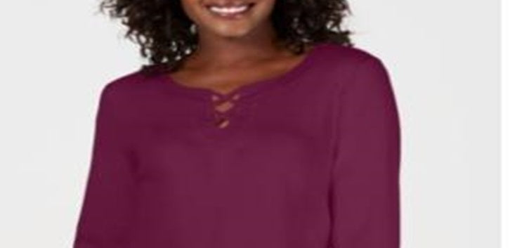 Karen Scott Women's Cotton Crisscross Trim Top Purple Size S