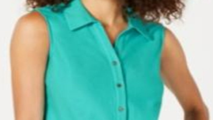 Charter Club Women's Turquoise Sleeveless Button up Top Blue Size 8 Petite