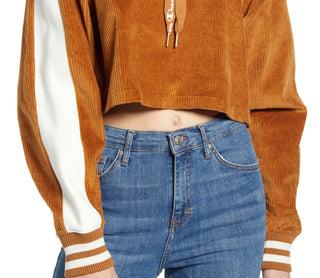 Champion Women's Corduroy Cropped Hoodie Brown Size X-Small