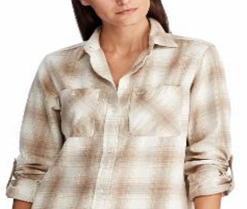 Ralph Lauren Women's Plaid Cuffed Collared Button up Top White Size Large