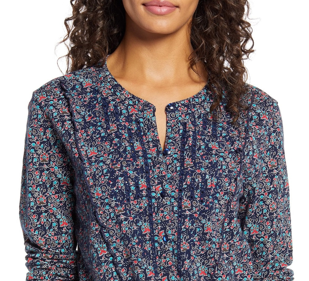 Lucky Brand Women's Floral Long Sleeve Collared Tunic Top Blue Size Large