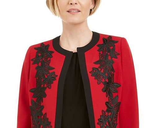 Kasper Women's Lace Trim Open Front Topper Jacket Red Size 10
