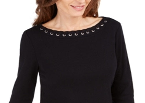 Karen Scott Women's Cotton Boat Neck Grommet Trim Top Black Size Petite Medium