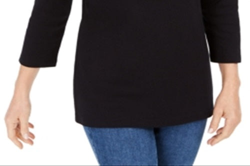 Karen Scott Women's Cotton Boat Neck Grommet Trim Top Black Size Petite Medium