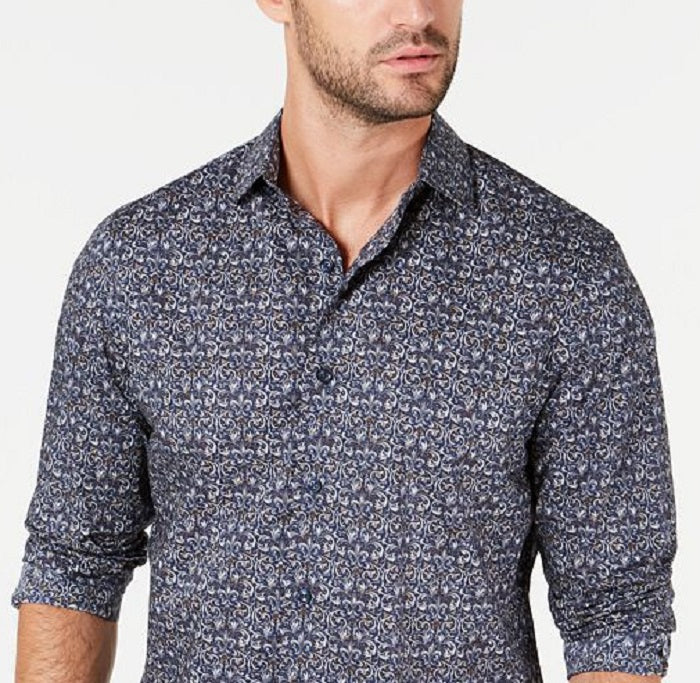 Tasso Elba Men's Cotton Tapestry Print Button Down Shirt Blue Size Medium