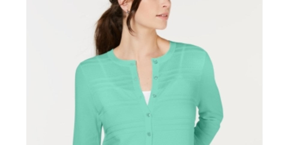Charter Club Women's Petite Textured Cardigan Sweater Green Petite XS