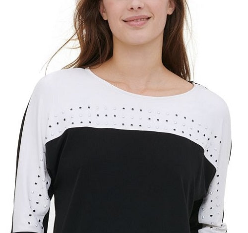 Calvin Klein Women's 3/4 Sleeve Jewel Neck Blouse Top Black Size Medium