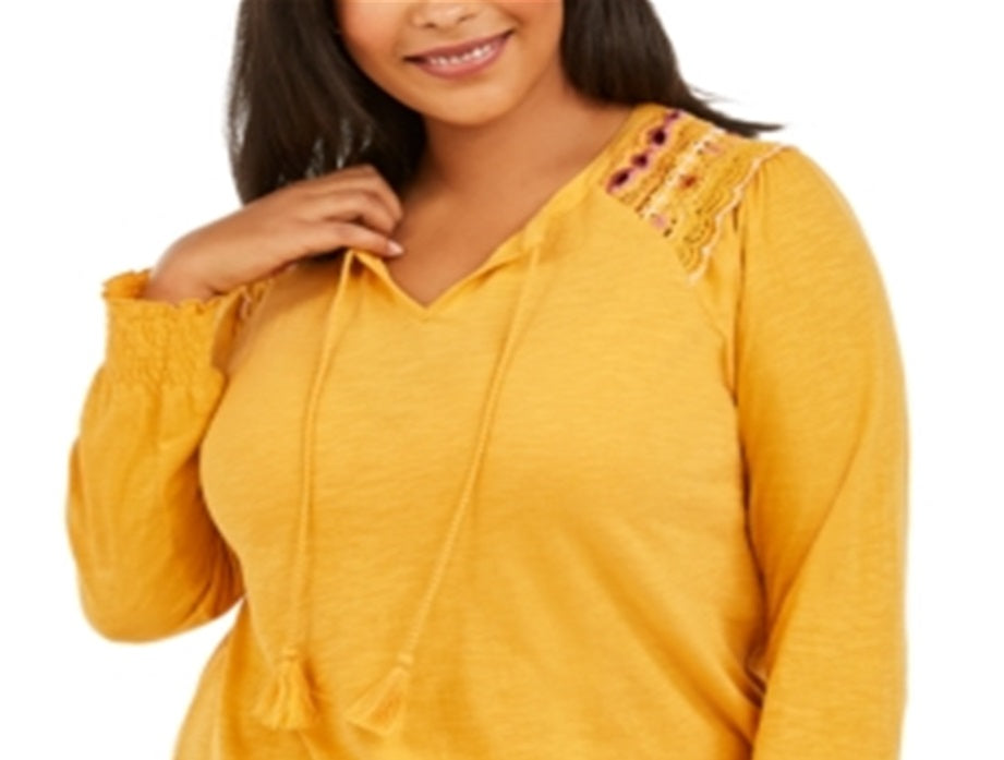 Style & Co Women's Plus Embroidered Cotton Tie Neck Top Yellow Size 4X