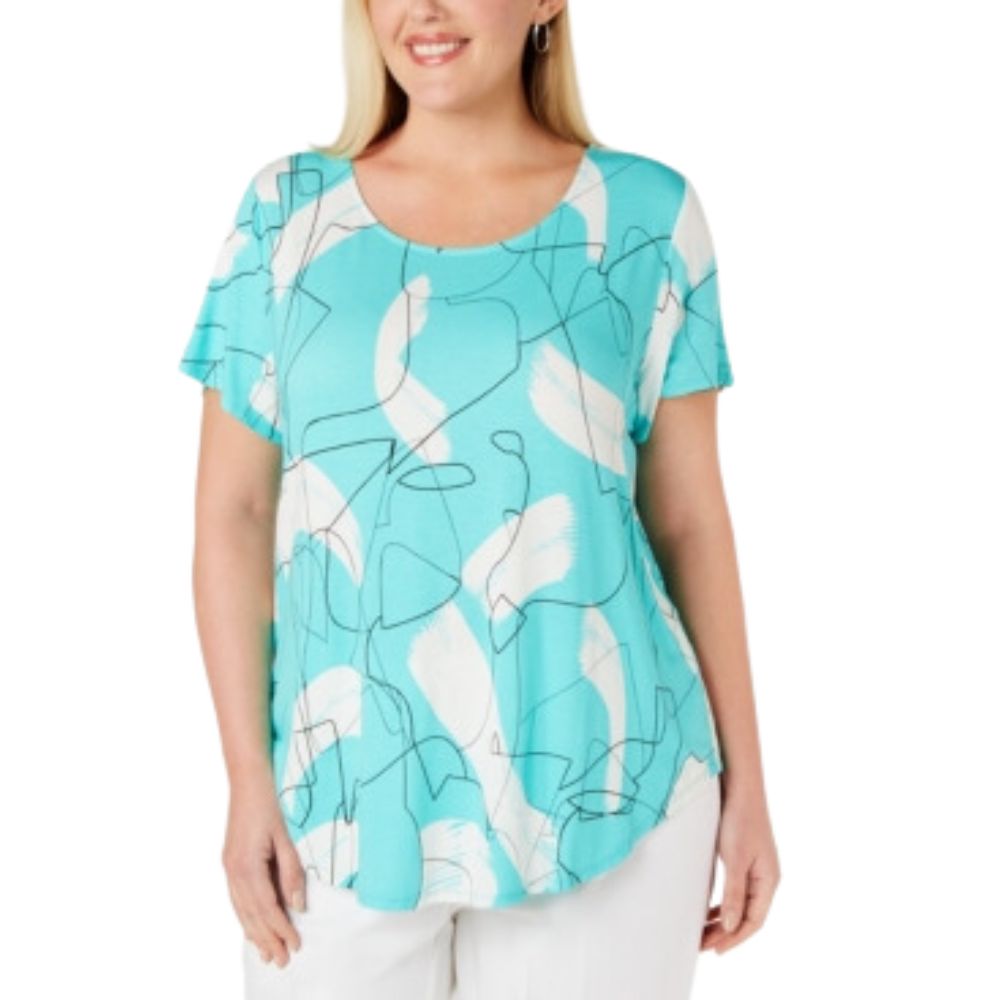 Alfani Women's Plus Knit Printed T-Shirt Green Size 0X