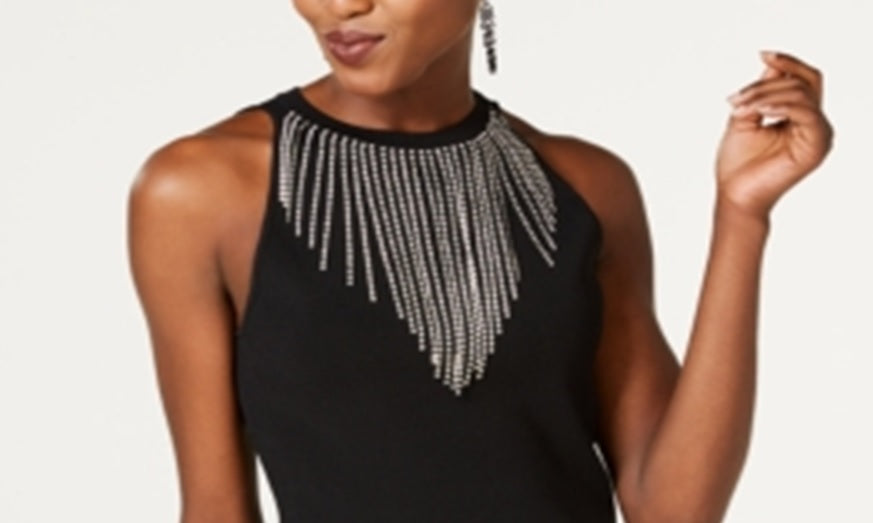 INC International Concepts Women's Rhinestone Necklace Sleeveless Sweater Top Black Size PP