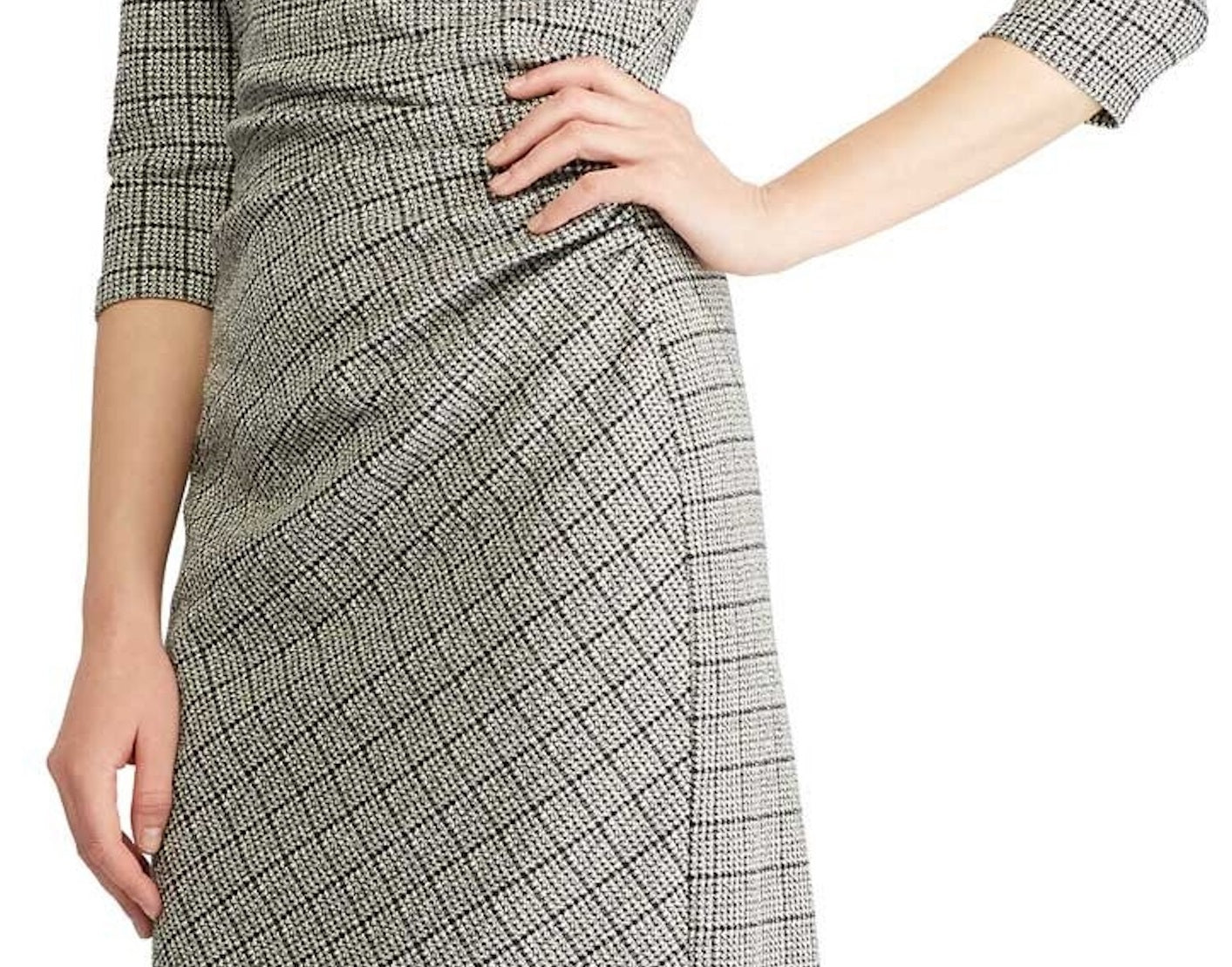 Ralph Lauren Women's Ruched Houndstooth Long Sleeve Jewel Neck Above the Knee Dress Black Size 14