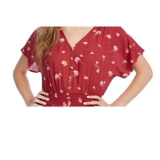 Planet Gold Juniors' Smocked Floral-Print Top Red Size Large