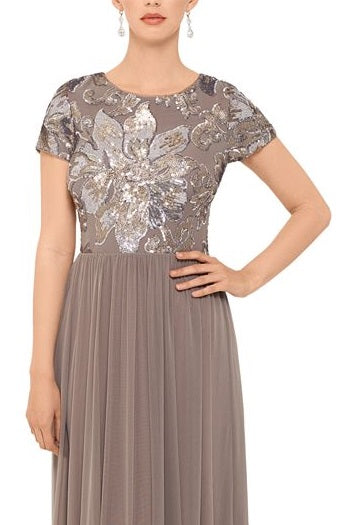 Betsy Adam Women's Sequined Short Sleeve Jewel Neck Full Length Evening Dress Brown Size 12