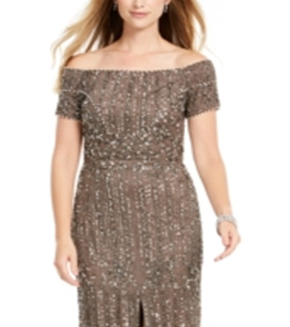Adrianna Papell Women's Off the Shoulder Beaded Gown Brown Size 16