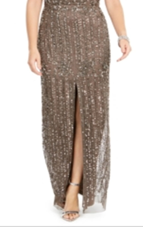 Adrianna Papell Women's Off the Shoulder Beaded Gown Brown Size 16