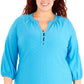 NY Collection Women's Plus Size 3/4 Sleeve Mandarin Collar Top Blue Size 1X