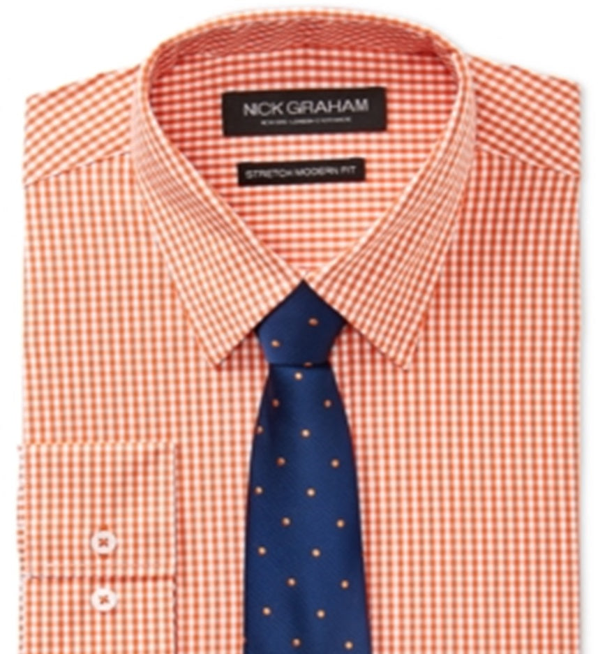 Nick Graham Men's Slim-Fit Stretch Easy-Care Mini Gingham Dress Shirt & Ground Pin Dot Tie Set Orange Size M