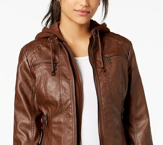 Maralyn & Me Junior's Hooded Faux Leather Moto Jacket Brown Size X-Small