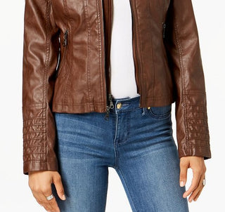 Maralyn & Me Junior's Hooded Faux Leather Moto Jacket Brown Size X-Small