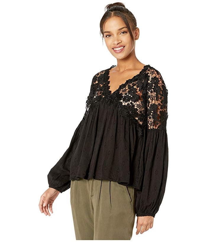 Free People Women's Lina Lace Top Black Size Large