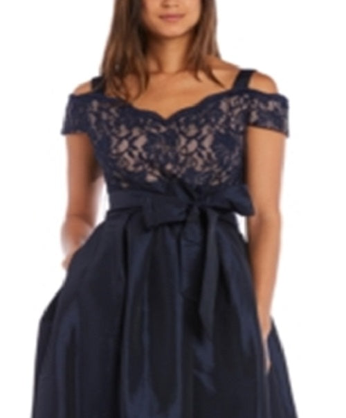 R & M Richards Women's Cold Shoulder Lace Floral Spaghetti Strap V Neck Full Length Formal Empire Waist Dress Blue Size 12