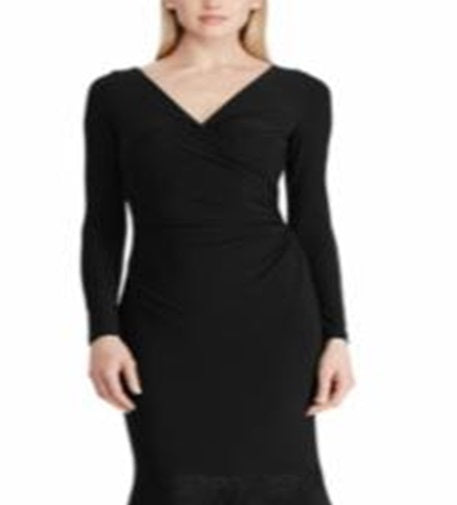 Ralph Lauren Women's Lace Trim Surplice Clevella Formal Dress Black Size 14