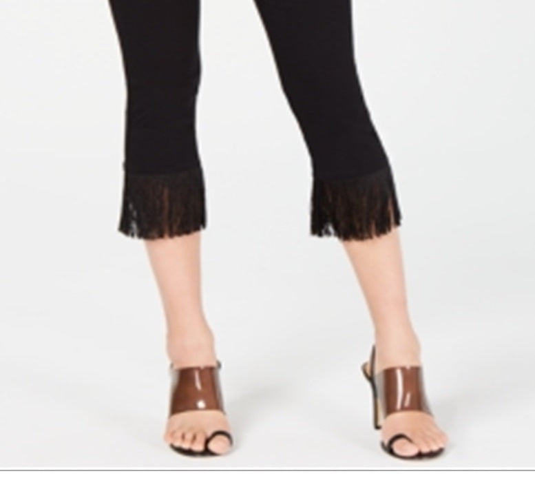 INC International Concepts Women's Fringe Trim Cropped Stretch Dress Pants Black Size 14