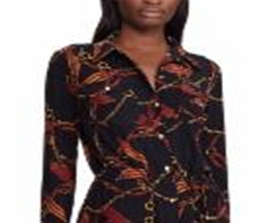 Ralph Lauren Women's Printed Cuffed Collared Tea Length Shirt Dress Black Size Small