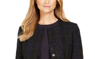 Calvin Klein Women's Metallic Tweed Collarless Blazer Blue Size 16