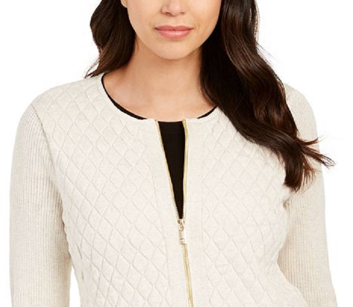 Charter Club Petite Zip-Front Quilted Sweater Brown Size Petite L