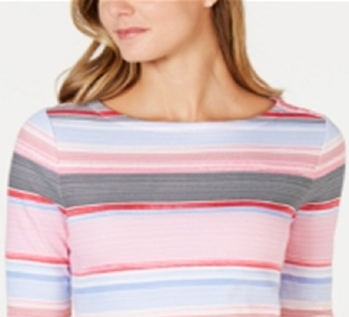 Charter Club Women's Pima Cotton Button Shoulder Striped Top Pink Size Petite L