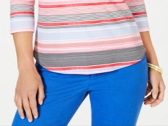 Charter Club Women's Pima Cotton Button Shoulder Striped Top Pink Size Petite L