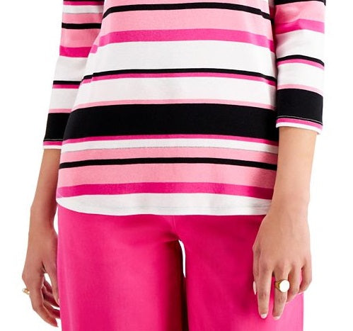 Charter Club Women's Pima Cotton Button Shoulder Stripe Top Pink Size S