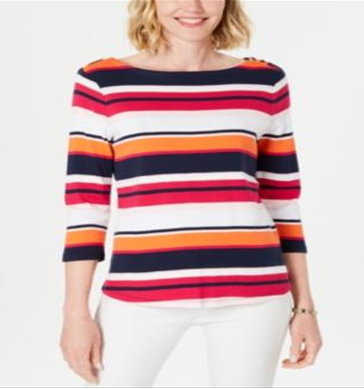 Charter Club Women's Pima Cotton Button Shoulder Stripe Top Pink Size Medium
