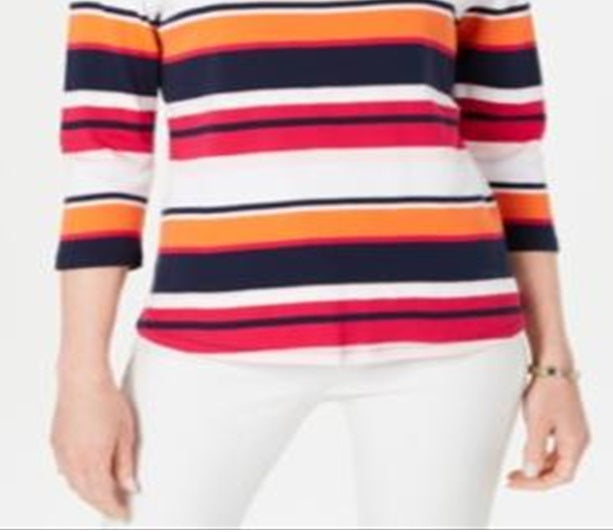 Charter Club Women's Pima Cotton Button Shoulder Stripe Top Pink Size Medium