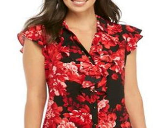 Calvin Klein Women's Multi Short Cap Sleeve Floral Blouse Red Size X-Lage