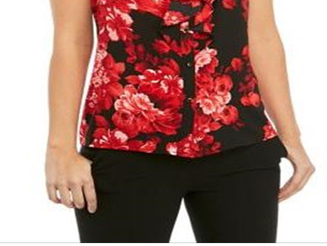 Calvin Klein Women's Multi Short Cap Sleeve Floral Blouse Red Size X-Lage