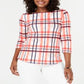 Charter Club Women's Cotton Plaid Boat Neck Top Orange Size Petite L