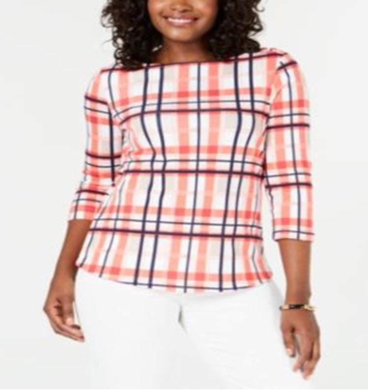 Charter Club Women's Cotton Plaid Boat Neck Top Orange Size Petite L