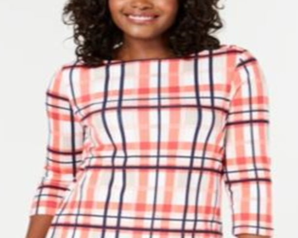 Charter Club Women's Cotton Plaid Boat Neck Top Orange Size Petite L
