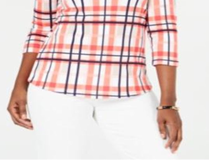 Charter Club Women's Cotton Plaid Boat Neck Top Orange Size Petite L