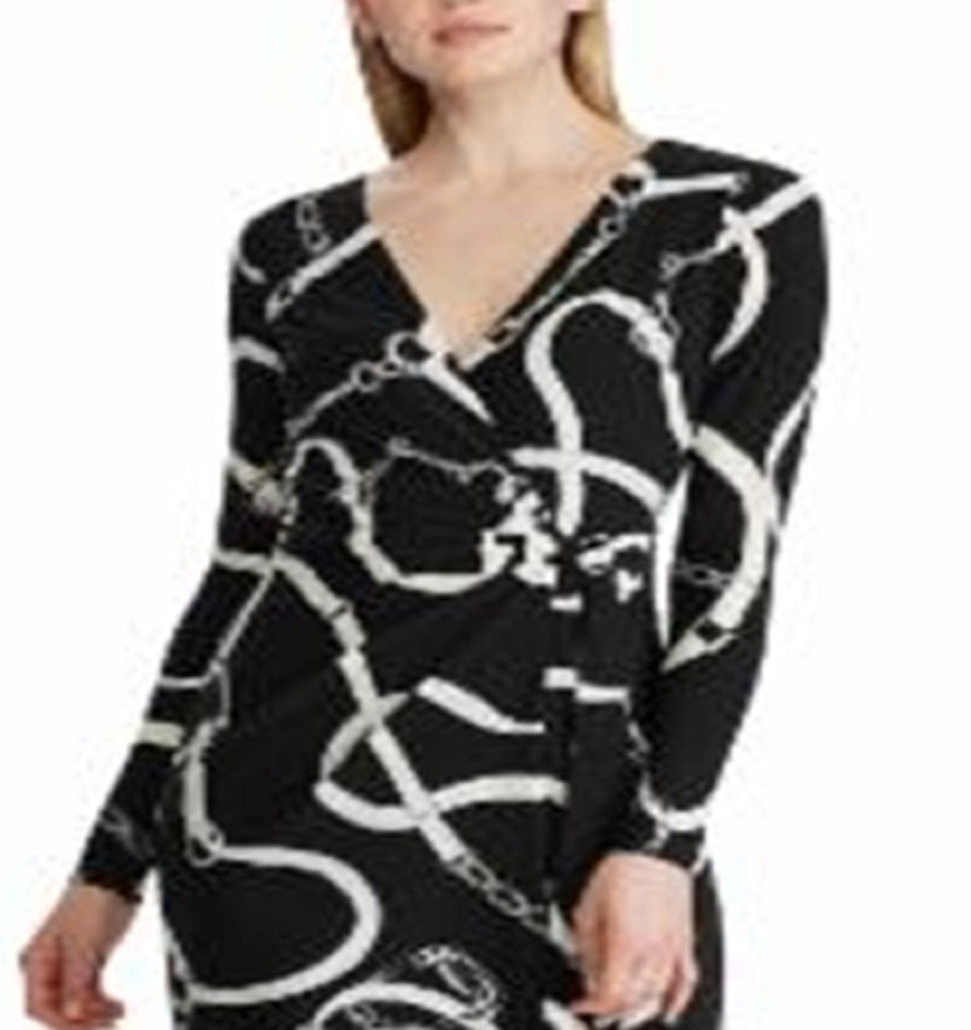Ralph Lauren Women's Printed Long Sleeve V Neck Below the Knee Sheath Evening Dress Black Size 10