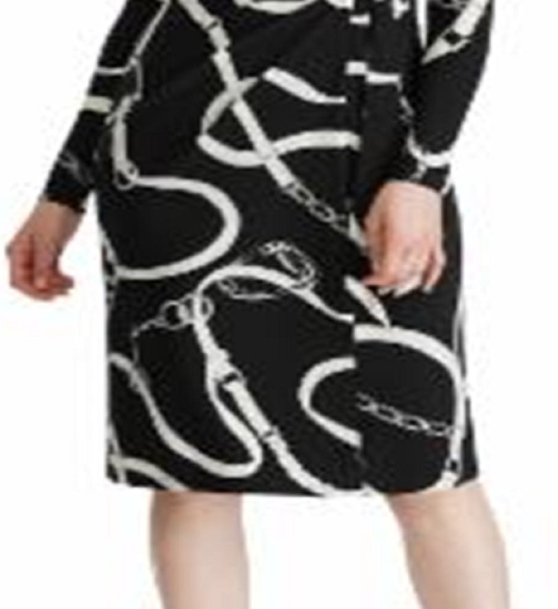 Ralph Lauren Women's Printed Long Sleeve V Neck Below the Knee Sheath Evening Dress Black Size 10