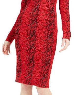Bar III Women's Long Sleeve Below the Knee Body Con Dress Red Size Large