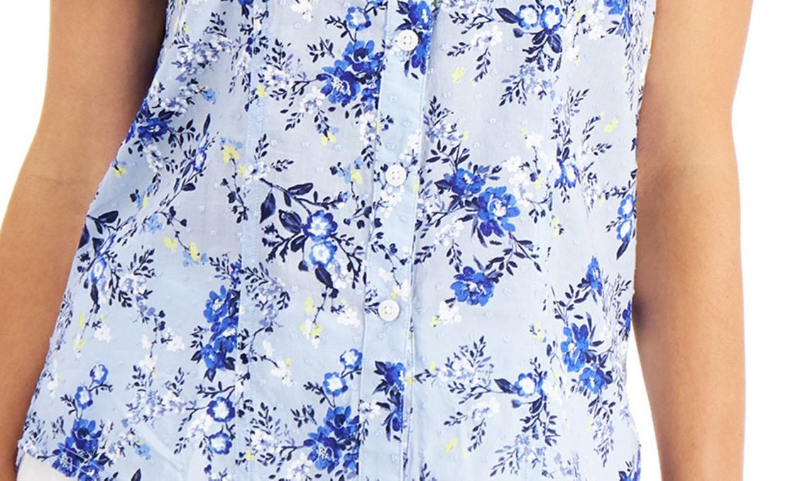 Karen Scott Women's Tuscan Garden Cotton Shirt Blue Size Petite X-Large