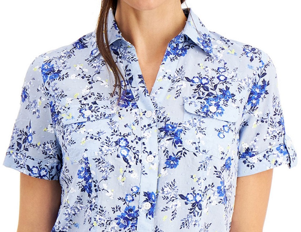 Karen Scott Women's Tuscan Garden Cotton Shirt Blue Size Petite Medium