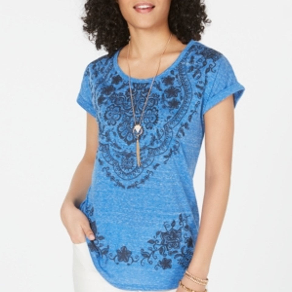 Style & Co Women's Printed Short Sleeve T-Shirt Top Blue Size Petite Medium